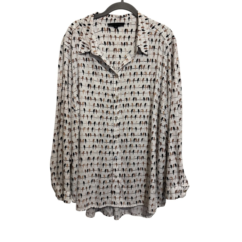 Jane + Delancey Button Down Shirt Womens 3X White Bird Print Long Sleeve Blouse